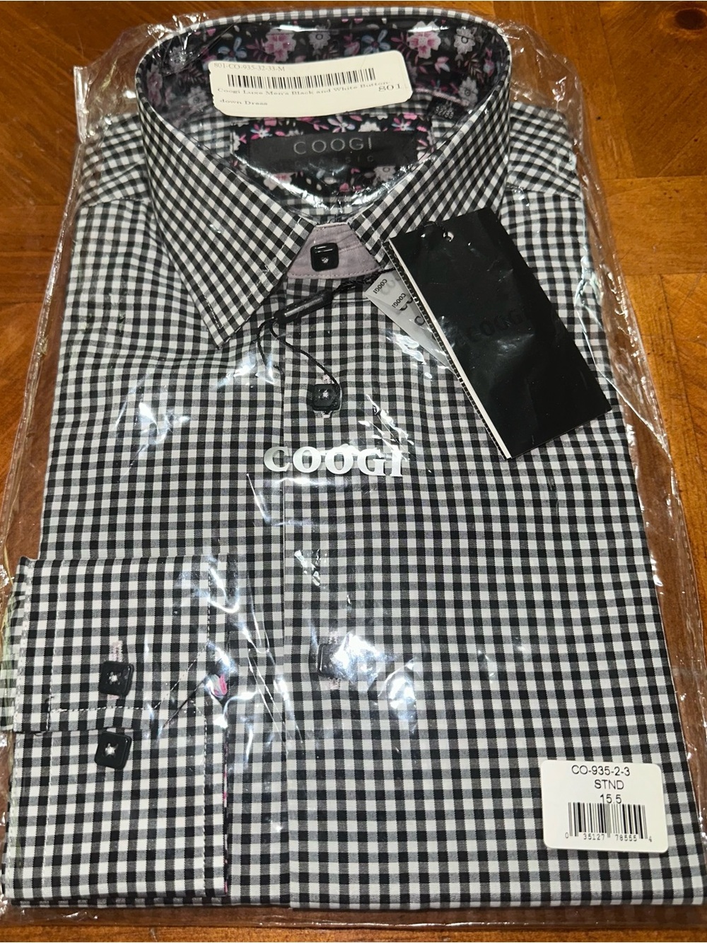 COOGI Men’s Black & White Gingham Dress Shirt with Floral Inner Collar